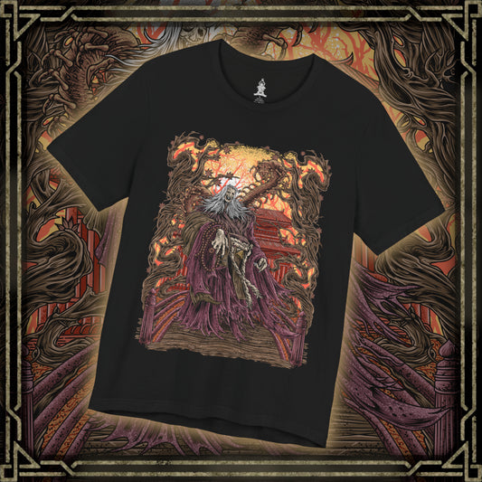 Thumbnail of a T-shirt design of the Corrupted Monk from Sekiro: Shadows Die Twice, revealing the grotesque centipede parasite that animates her decayed body. Torn robes flutter as purple mist and corrupted energy coil around her, while the massive insect writhes within exposed flesh. The design captures the horrific fusion of monk and creature, symbolizing immortality twisted into rot beneath Ashina’s haunted temples.