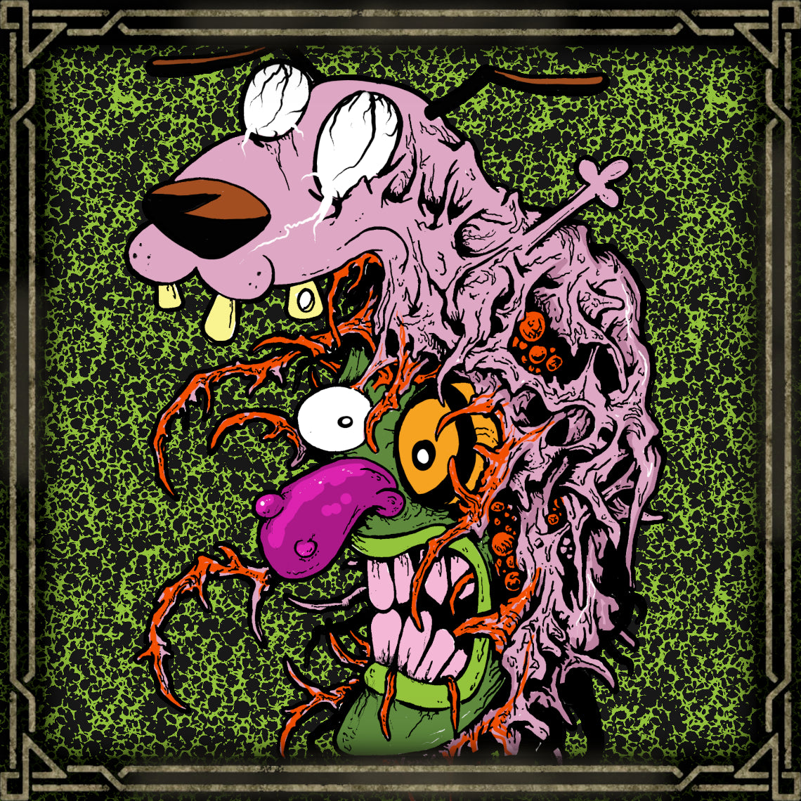 Concept Art of Courage Eustace Mask. In Courage the Cowardly Dog, Eustace Bagge is the grumpy farmer who shares a remote farmhouse with his kind-hearted wife Muriel and their anxious dog Courage. Eustace enjoys frightening Courage with his infamous mask, transforming an ordinary moment into one of the show's most recognizable comic scares.