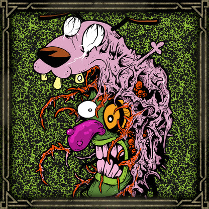 Concept Art of Courage Eustace Mask. In Courage the Cowardly Dog, Eustace Bagge is the grumpy farmer who shares a remote farmhouse with his kind-hearted wife Muriel and their anxious dog Courage. Eustace enjoys frightening Courage with his infamous mask, transforming an ordinary moment into one of the show's most recognizable comic scares.