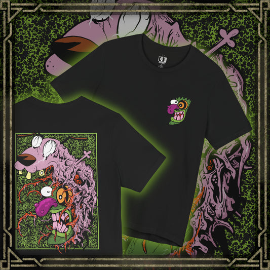 Thumbnail of a Double-sided T-Shirt artwork featuring Eustace Bagge and his infamous creepy mask from Courage the Cowardly Dog, highlighting the exaggerated facial features and sinister grin that made the character's Ooga Booga gag so memorable. The design draws on the show's eerie cartoon aesthetic, mixing nostalgic animation with unsettling horror-inspired details. It celebrates one of Cartoon Network's most recognizable characters and the strange humor that defined Courage's adventures in Nowhere.