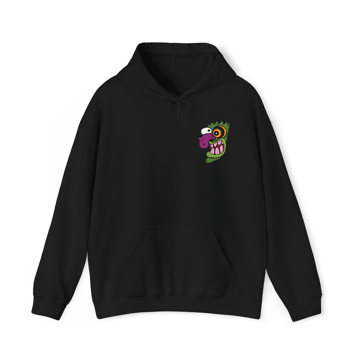 Image 4 of a Hooded Sweatshirt design of Eustace Bagge wearing the iconic creepy mask from Courage the Cowardly Dog, featuring its exaggerated face and unsettling grin against a dark, nostalgic cartoon-inspired backdrop. The artwork captures the bizarre humor and eerie atmosphere of the classic animated series, referencing Eustace's infamous Ooga Booga scare routine. A striking design for fans of Courage, retro Cartoon Network shows, and creepy cartoon nostalgia.
