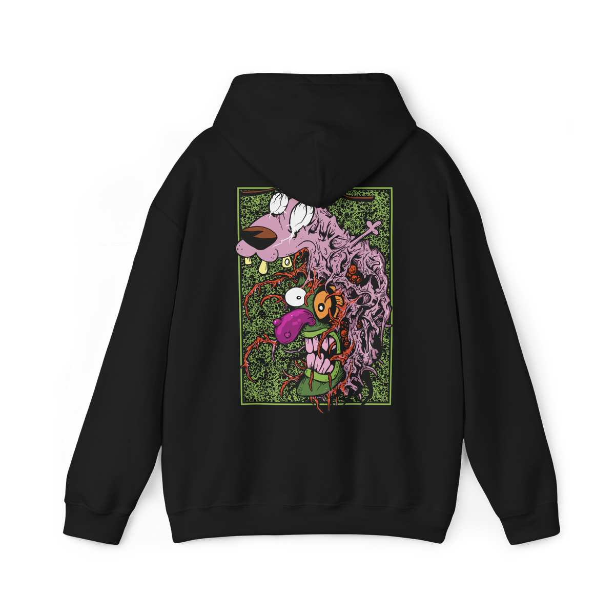Image 5 of a Hooded Sweatshirt design of Eustace Bagge wearing the iconic creepy mask from Courage the Cowardly Dog, featuring its exaggerated face and unsettling grin against a dark, nostalgic cartoon-inspired backdrop. The artwork captures the bizarre humor and eerie atmosphere of the classic animated series, referencing Eustace's infamous Ooga Booga scare routine. A striking design for fans of Courage, retro Cartoon Network shows, and creepy cartoon nostalgia.