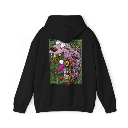Image 5 of a Hooded Sweatshirt design of Eustace Bagge wearing the iconic creepy mask from Courage the Cowardly Dog, featuring its exaggerated face and unsettling grin against a dark, nostalgic cartoon-inspired backdrop. The artwork captures the bizarre humor and eerie atmosphere of the classic animated series, referencing Eustace's infamous Ooga Booga scare routine. A striking design for fans of Courage, retro Cartoon Network shows, and creepy cartoon nostalgia.