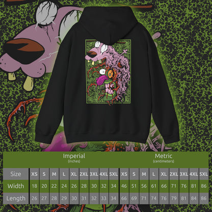Size chart of a Hooded Sweatshirt design of Eustace Bagge wearing the iconic creepy mask from Courage the Cowardly Dog, featuring its exaggerated face and unsettling grin against a dark, nostalgic cartoon-inspired backdrop. The artwork captures the bizarre humor and eerie atmosphere of the classic animated series, referencing Eustace's infamous Ooga Booga scare routine. A striking design for fans of Courage, retro Cartoon Network shows, and creepy cartoon nostalgia.