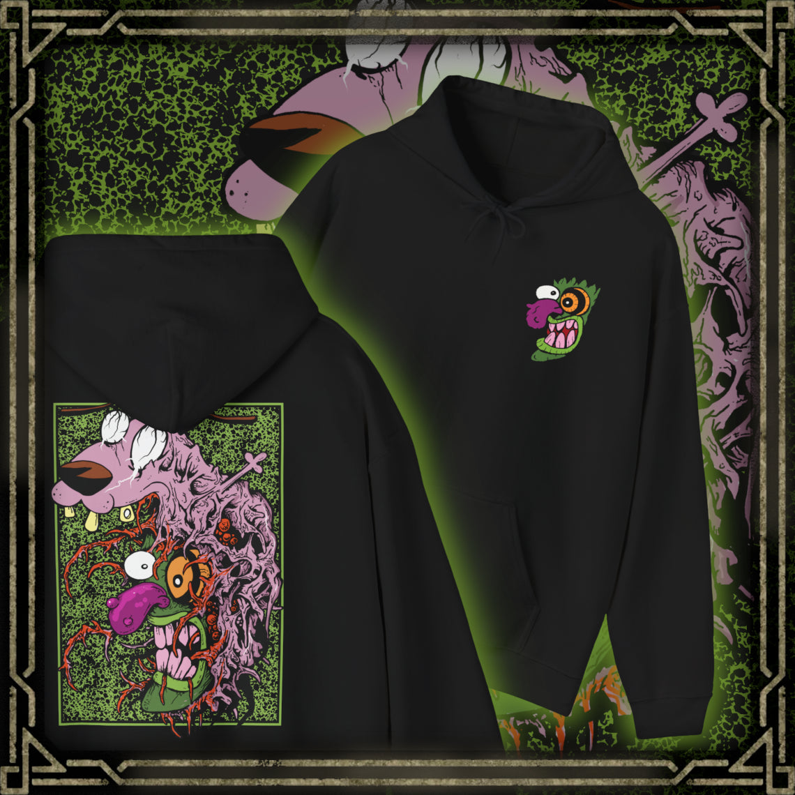 Thumbnail of a Hooded Sweatshirt design of Eustace Bagge wearing the iconic creepy mask from Courage the Cowardly Dog, featuring its exaggerated face and unsettling grin against a dark, nostalgic cartoon-inspired backdrop. The artwork captures the bizarre humor and eerie atmosphere of the classic animated series, referencing Eustace's infamous Ooga Booga scare routine. A striking design for fans of Courage, retro Cartoon Network shows, and creepy cartoon nostalgia.
