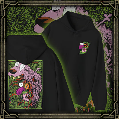 Thumbnail of a Hooded Sweatshirt design of Eustace Bagge wearing the iconic creepy mask from Courage the Cowardly Dog, featuring its exaggerated face and unsettling grin against a dark, nostalgic cartoon-inspired backdrop. The artwork captures the bizarre humor and eerie atmosphere of the classic animated series, referencing Eustace's infamous Ooga Booga scare routine. A striking design for fans of Courage, retro Cartoon Network shows, and creepy cartoon nostalgia.
