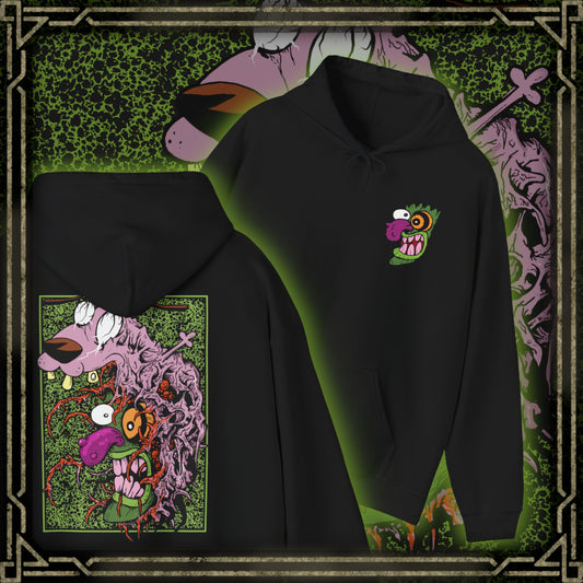 Thumbnail of a Hooded Sweatshirt design of Eustace Bagge wearing the iconic creepy mask from Courage the Cowardly Dog, featuring its exaggerated face and unsettling grin against a dark, nostalgic cartoon-inspired backdrop. The artwork captures the bizarre humor and eerie atmosphere of the classic animated series, referencing Eustace's infamous Ooga Booga scare routine. A striking design for fans of Courage, retro Cartoon Network shows, and creepy cartoon nostalgia.