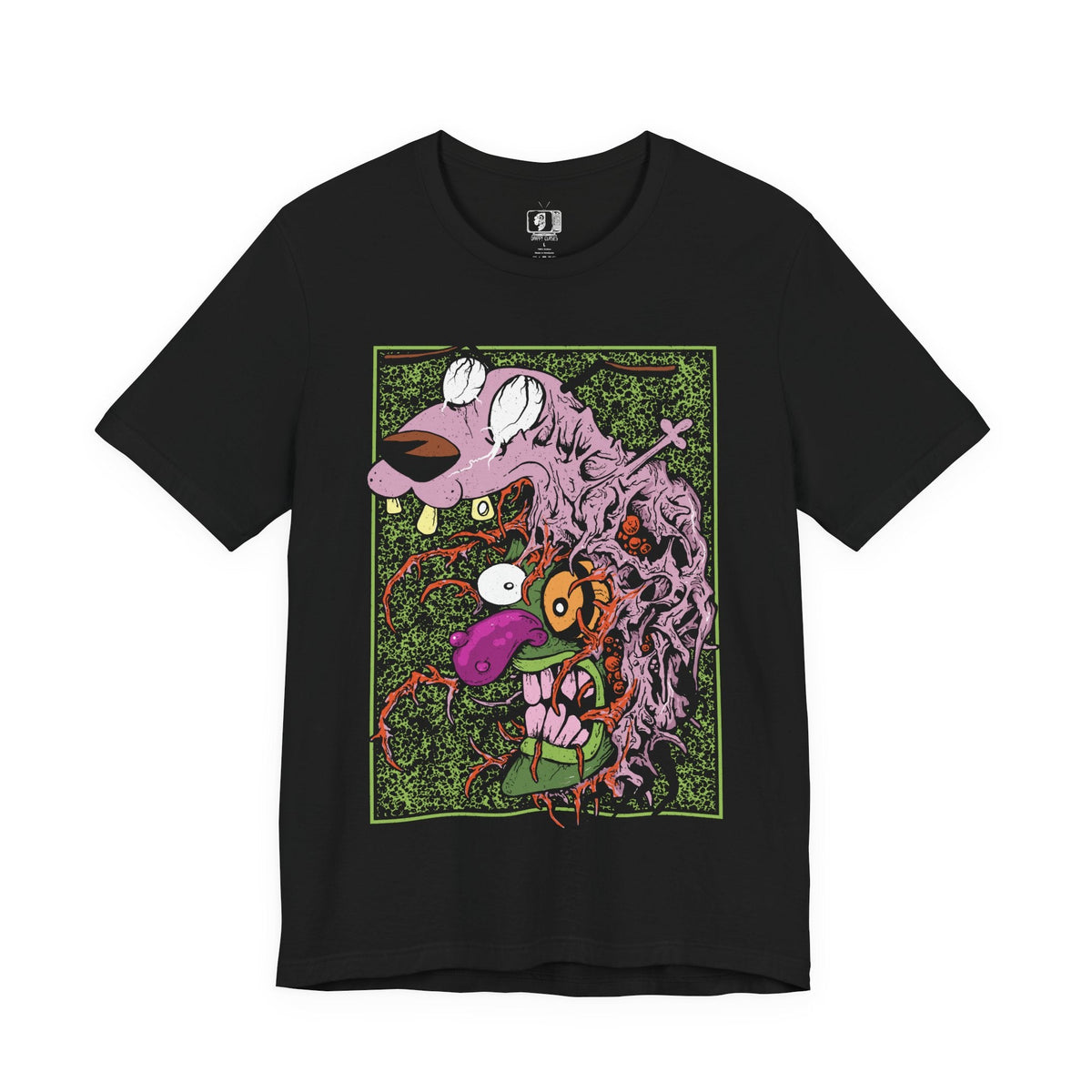 Image 4 of a T-Shirt design of Eustace Bagge wearing his iconic creepy mask from Courage the Cowardly Dog, featuring the exaggerated face, eerie expression, and unsettling grin used to frighten Courage. The artwork evokes the bizarre atmosphere of the classic Cartoon Network series, combining nostalgic cartoon imagery with a creepy horror-inspired aesthetic. Perfect for fans of Eustace, Courage, and the unforgettable Ooga Booga mask.