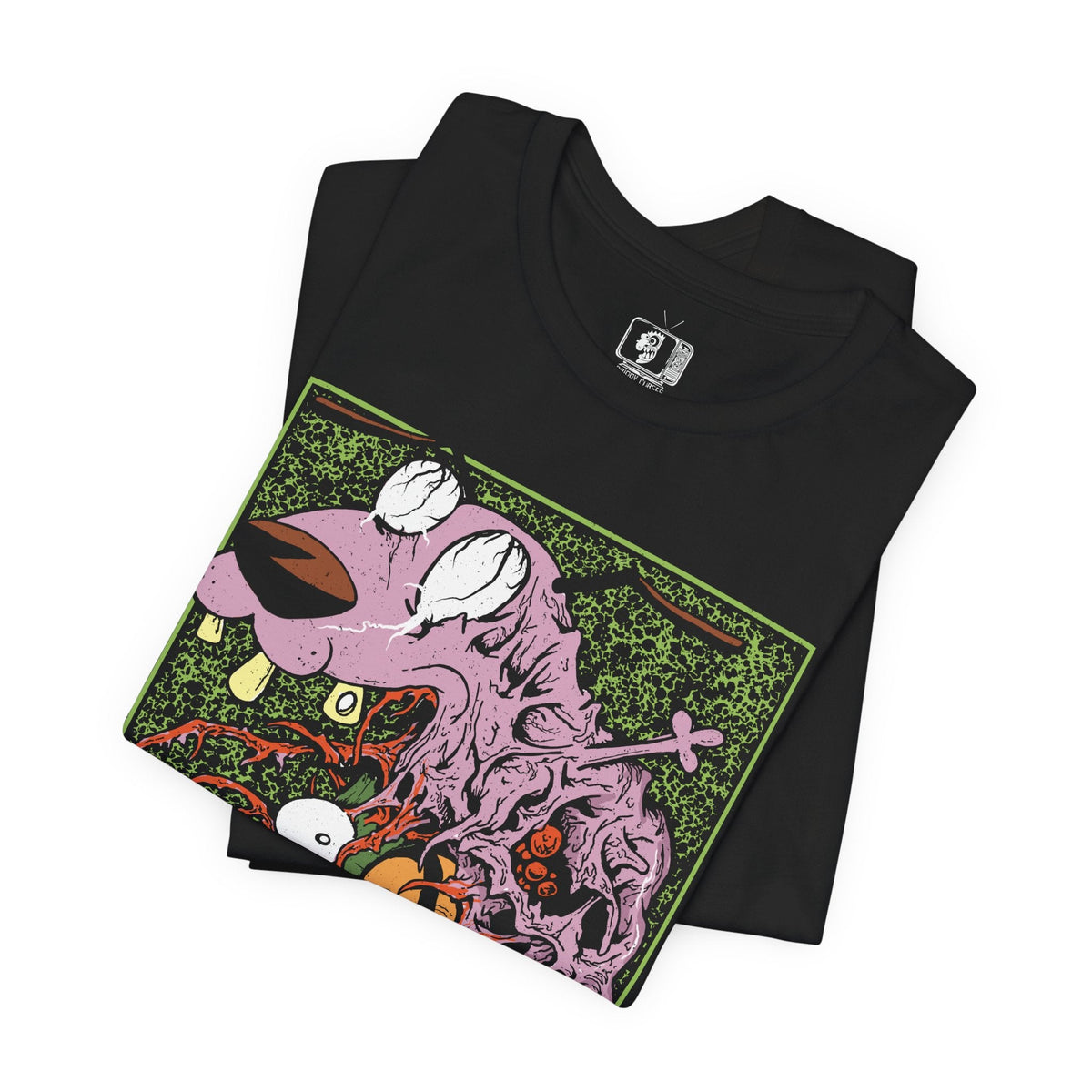 Image 5 of a T-Shirt design of Eustace Bagge wearing his iconic creepy mask from Courage the Cowardly Dog, featuring the exaggerated face, eerie expression, and unsettling grin used to frighten Courage. The artwork evokes the bizarre atmosphere of the classic Cartoon Network series, combining nostalgic cartoon imagery with a creepy horror-inspired aesthetic. Perfect for fans of Eustace, Courage, and the unforgettable Ooga Booga mask.