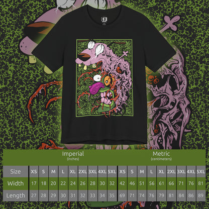 Size chart of a T-Shirt design of Eustace Bagge wearing his iconic creepy mask from Courage the Cowardly Dog, featuring the exaggerated face, eerie expression, and unsettling grin used to frighten Courage. The artwork evokes the bizarre atmosphere of the classic Cartoon Network series, combining nostalgic cartoon imagery with a creepy horror-inspired aesthetic. Perfect for fans of Eustace, Courage, and the unforgettable Ooga Booga mask.