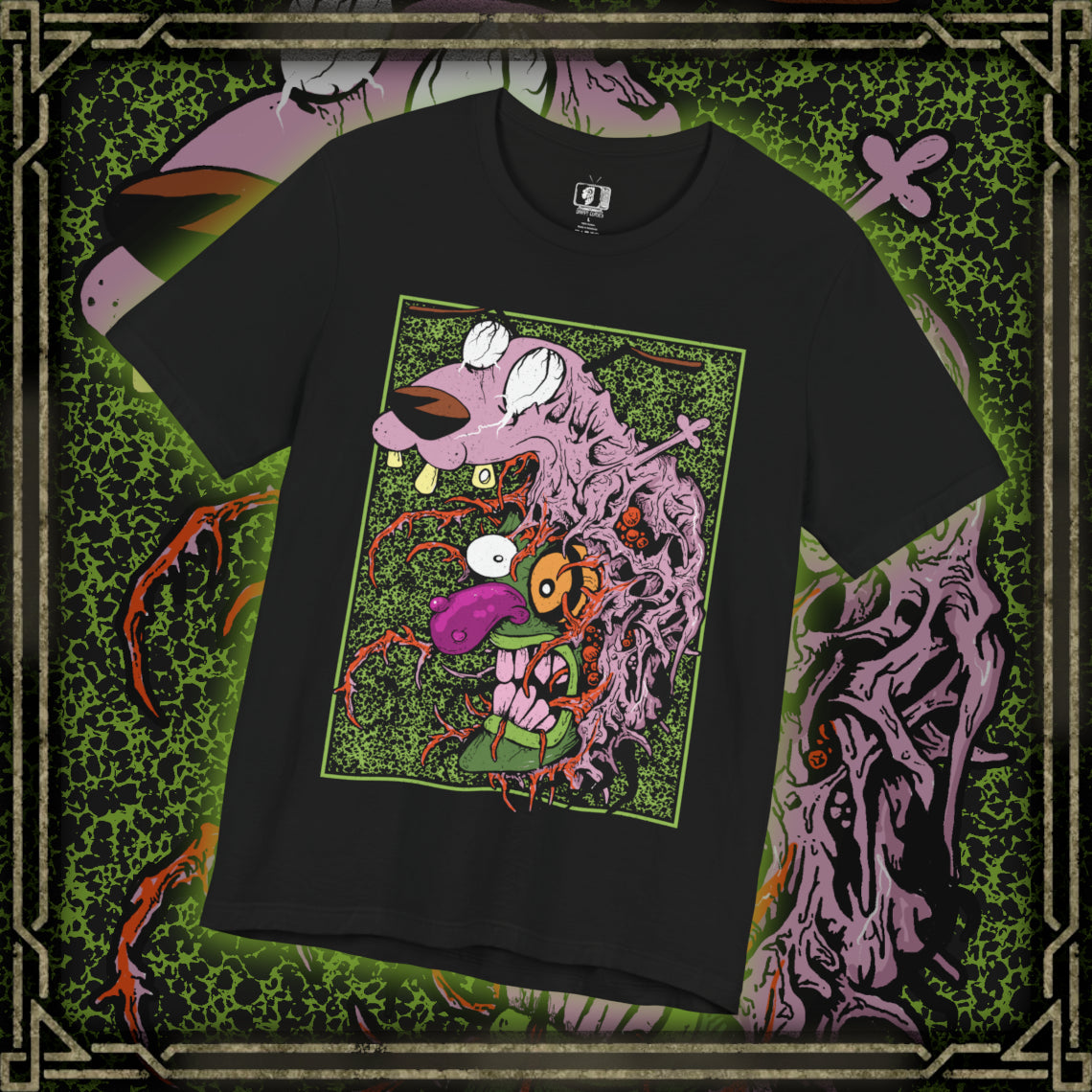 Thumbnail of a T-Shirt design of Eustace Bagge wearing his iconic creepy mask from Courage the Cowardly Dog, featuring the exaggerated face, eerie expression, and unsettling grin used to frighten Courage. The artwork evokes the bizarre atmosphere of the classic Cartoon Network series, combining nostalgic cartoon imagery with a creepy horror-inspired aesthetic. Perfect for fans of Eustace, Courage, and the unforgettable Ooga Booga mask.