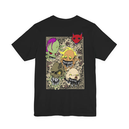 Image 5 of a Double-sided T-Shirt artwork featuring the Courage the Cowardly Dog villains Katz, Dr. Zalost, Freaky Fred, Benton Tarantella, and Jean Bon. Each character is presented with their recognizable features and eerie personality, creating a memorable lineup of the series' strangest antagonists. The artwork evokes the unsettling atmosphere of Nowhere, combining creepy expressions and nostalgic horror imagery for fans of classic Cartoon Network animation.
