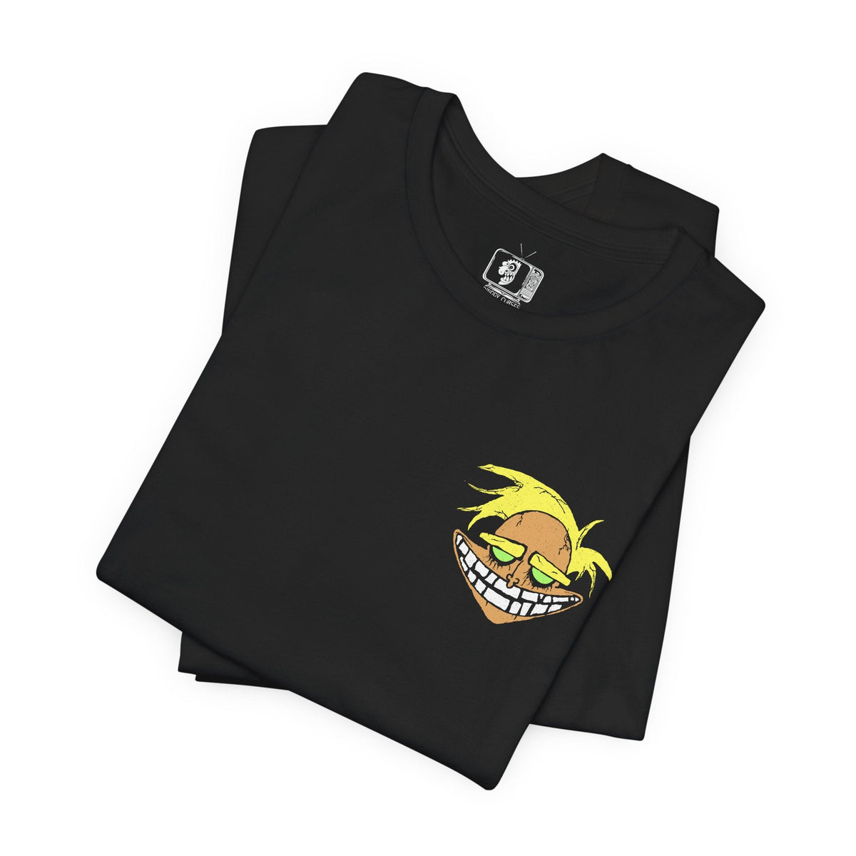 Image 6 of a Double-sided T-Shirt artwork featuring the Courage the Cowardly Dog villains Katz, Dr. Zalost, Freaky Fred, Benton Tarantella, and Jean Bon. Each character is presented with their recognizable features and eerie personality, creating a memorable lineup of the series' strangest antagonists. The artwork evokes the unsettling atmosphere of Nowhere, combining creepy expressions and nostalgic horror imagery for fans of classic Cartoon Network animation.