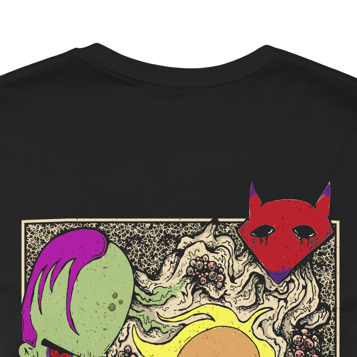 Image 7 of a Double-sided T-Shirt artwork featuring the Courage the Cowardly Dog villains Katz, Dr. Zalost, Freaky Fred, Benton Tarantella, and Jean Bon. Each character is presented with their recognizable features and eerie personality, creating a memorable lineup of the series' strangest antagonists. The artwork evokes the unsettling atmosphere of Nowhere, combining creepy expressions and nostalgic horror imagery for fans of classic Cartoon Network animation.