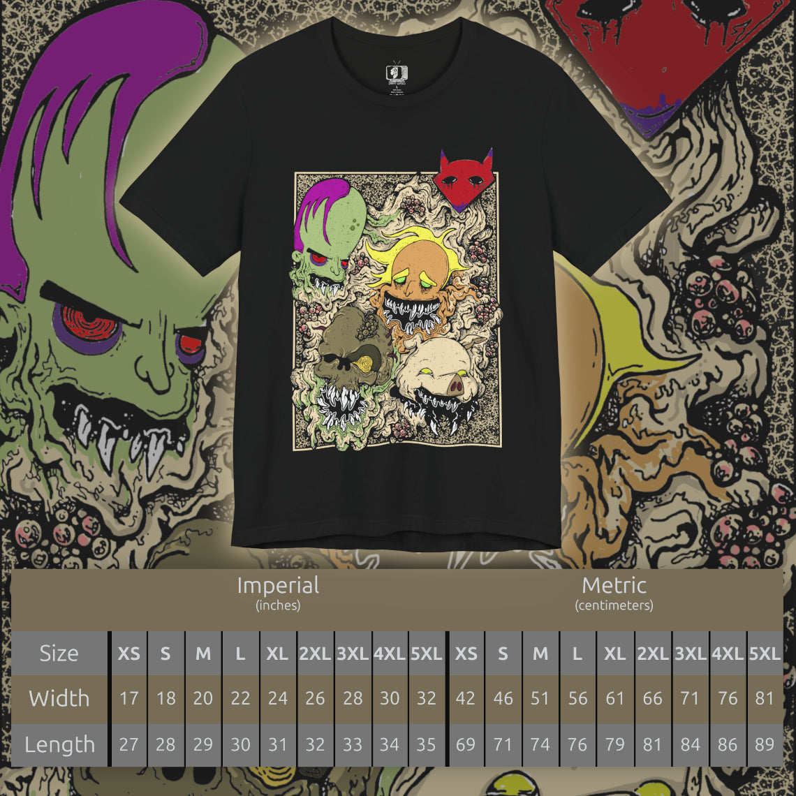 Size chart of a Double-sided T-Shirt artwork featuring the Courage the Cowardly Dog villains Katz, Dr. Zalost, Freaky Fred, Benton Tarantella, and Jean Bon. Each character is presented with their recognizable features and eerie personality, creating a memorable lineup of the series' strangest antagonists. The artwork evokes the unsettling atmosphere of Nowhere, combining creepy expressions and nostalgic horror imagery for fans of classic Cartoon Network animation.