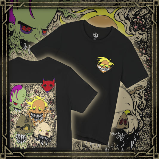 Thumbnail of a Double-sided T-Shirt artwork featuring the Courage the Cowardly Dog villains Katz, Dr. Zalost, Freaky Fred, Benton Tarantella, and Jean Bon. Each character is presented with their recognizable features and eerie personality, creating a memorable lineup of the series' strangest antagonists. The artwork evokes the unsettling atmosphere of Nowhere, combining creepy expressions and nostalgic horror imagery for fans of classic Cartoon Network animation.