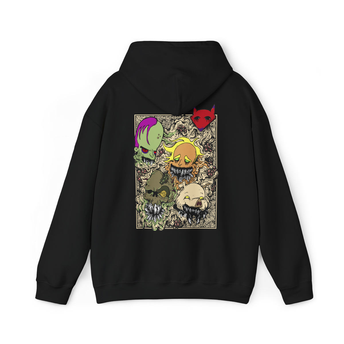 Image 5 of a Hooded Sweatshirt design featuring Katz, Dr. Zalost, Freaky Fred, Benton Tarantella, and Jean Bon from Courage the Cowardly Dog. The five villains appear together in a dark cartoon-inspired composition, highlighting their distinctive faces and unsettling expressions against an eerie backdrop inspired by the isolated town of Nowhere. The artwork captures the series' blend of retro animation, bizarre humor and nostalgic Cartoon Network atmosphere.