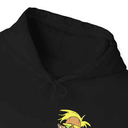 Folded Hooded Sweatshirt design featuring Katz, Dr. Zalost, Freaky Fred, Benton Tarantella, and Jean Bon from Courage the Cowardly Dog. The five villains appear together in a dark cartoon-inspired composition, highlighting their distinctive faces and unsettling expressions against an eerie backdrop inspired by the isolated town of Nowhere. The artwork captures the series' blend of retro animation, bizarre humor and nostalgic Cartoon Network atmosphere.