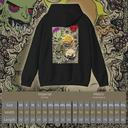 Size chart of a Hooded Sweatshirt design featuring Katz, Dr. Zalost, Freaky Fred, Benton Tarantella, and Jean Bon from Courage the Cowardly Dog. The five villains appear together in a dark cartoon-inspired composition, highlighting their distinctive faces and unsettling expressions against an eerie backdrop inspired by the isolated town of Nowhere. The artwork captures the series' blend of retro animation, bizarre humor and nostalgic Cartoon Network atmosphere.