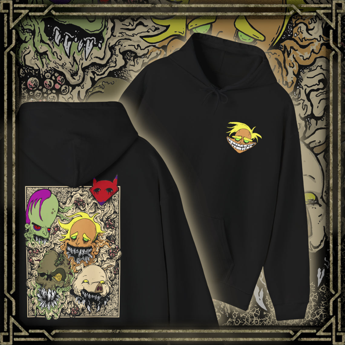 Thumbnail of a Hooded Sweatshirt design featuring Katz, Dr. Zalost, Freaky Fred, Benton Tarantella, and Jean Bon from Courage the Cowardly Dog. The five villains appear together in a dark cartoon-inspired composition, highlighting their distinctive faces and unsettling expressions against an eerie backdrop inspired by the isolated town of Nowhere. The artwork captures the series' blend of retro animation, supernatural horror, bizarre humor, and nostalgic Cartoon Network atmosphere.