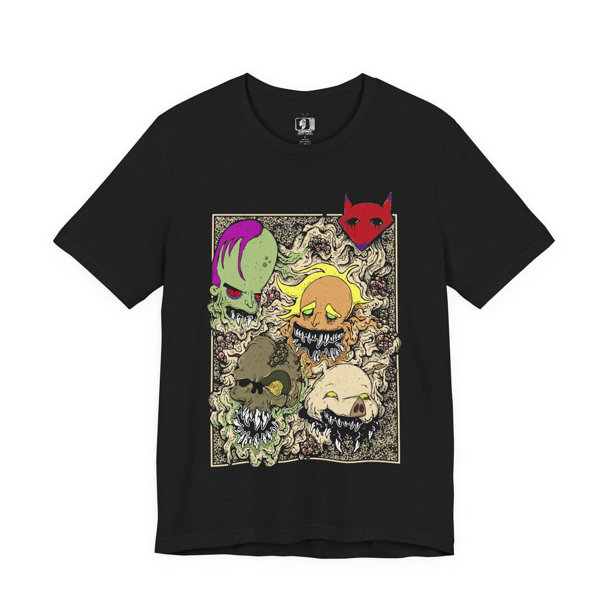 Image 4 of a T-Shirt design featuring five iconic villains from Courage the Cowardly Dog: Katz, Dr. Zalost, Freaky Fred, Benton Tarantella, and Jean Bon. The composition brings together their distinctive faces and unsettling personalities in a creepy cartoon-inspired illustration, capturing the eerie atmosphere of the isolated town of Nowhere.