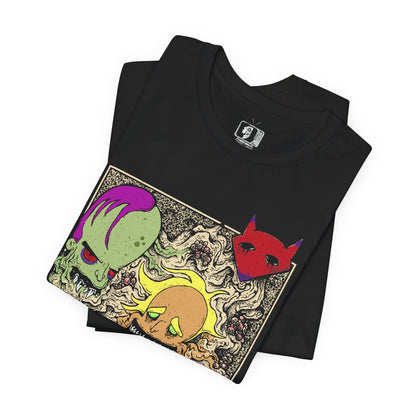 Image 5 of a T-Shirt design featuring five iconic villains from Courage the Cowardly Dog: Katz, Dr. Zalost, Freaky Fred, Benton Tarantella, and Jean Bon. The composition brings together their distinctive faces and unsettling personalities in a creepy cartoon-inspired illustration, capturing the eerie atmosphere of the isolated town of Nowhere.