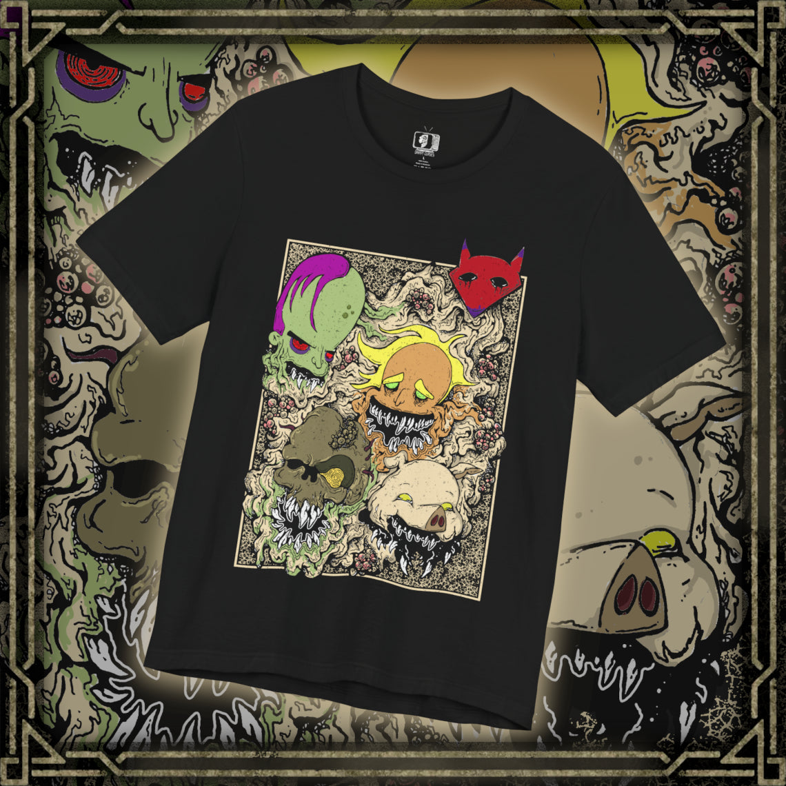 Thumbnail of a T-Shirt design featuring five iconic villains from Courage the Cowardly Dog: Katz, Dr. Zalost, Freaky Fred, Benton Tarantella, and Jean Bon. The composition brings together their distinctive faces and unsettling personalities in a creepy cartoon-inspired illustration, capturing the eerie atmosphere of the isolated town of Nowhere.