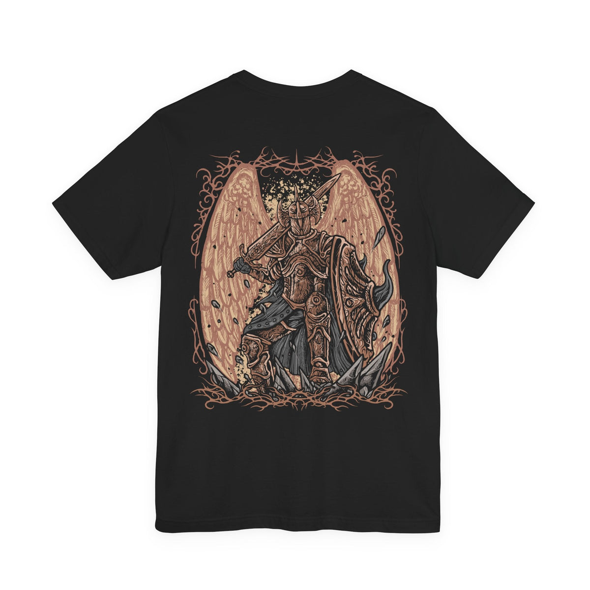 Image 5 of a T-Shirt artwork depicting Crucible Knight Ordovis standing within an ancient underground chamber, his ornate armor glowing with golden Crucible energy as he raises Ordovis's Greatsword. Erdtree motifs and swirling golden light surround the knight while his imposing silhouette dominates the battlefield. The design reflects his service to Godfrey, ancient Crucible heritage, and mastery of sacred combat.