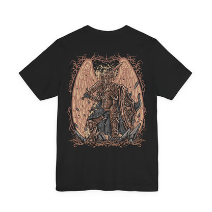 Image 5 of a T-Shirt artwork depicting Crucible Knight Ordovis standing within an ancient underground chamber, his ornate armor glowing with golden Crucible energy as he raises Ordovis's Greatsword. Erdtree motifs and swirling golden light surround the knight while his imposing silhouette dominates the battlefield. The design reflects his service to Godfrey, ancient Crucible heritage, and mastery of sacred combat.