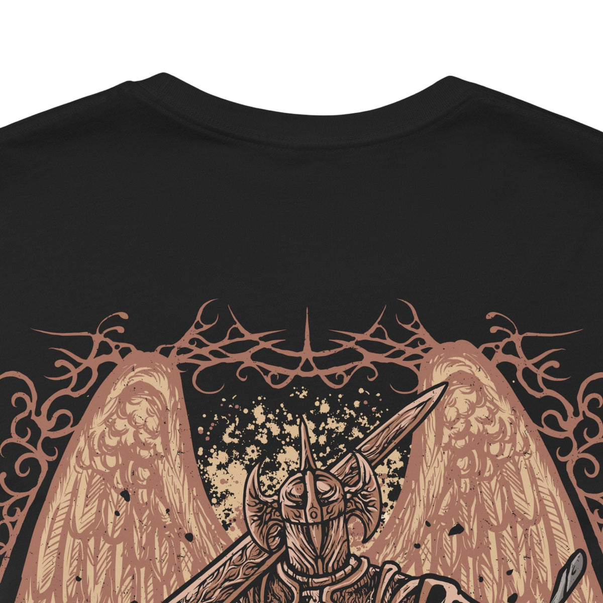 Image 7 of a T-Shirt artwork depicting Crucible Knight Ordovis standing within an ancient underground chamber, his ornate armor glowing with golden Crucible energy as he raises Ordovis's Greatsword. Erdtree motifs and swirling golden light surround the knight while his imposing silhouette dominates the battlefield. The design reflects his service to Godfrey, ancient Crucible heritage, and mastery of sacred combat.