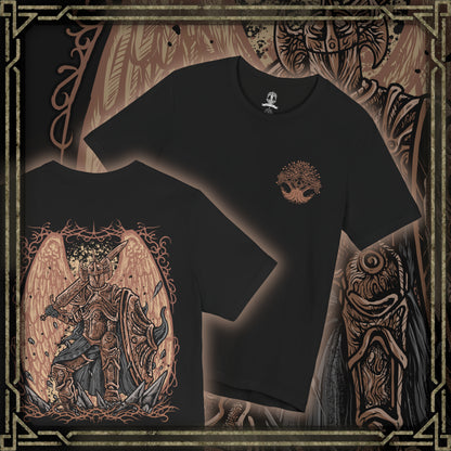 Thumbnail of a T-Shirt artwork depicting Crucible Knight Ordovis standing within an ancient underground chamber, his ornate armor glowing with golden Crucible energy as he raises Ordovis's Greatsword. Erdtree motifs and swirling golden light surround the knight while his imposing silhouette dominates the battlefield. The design reflects his service to Godfrey, ancient Crucible heritage, and mastery of sacred combat.