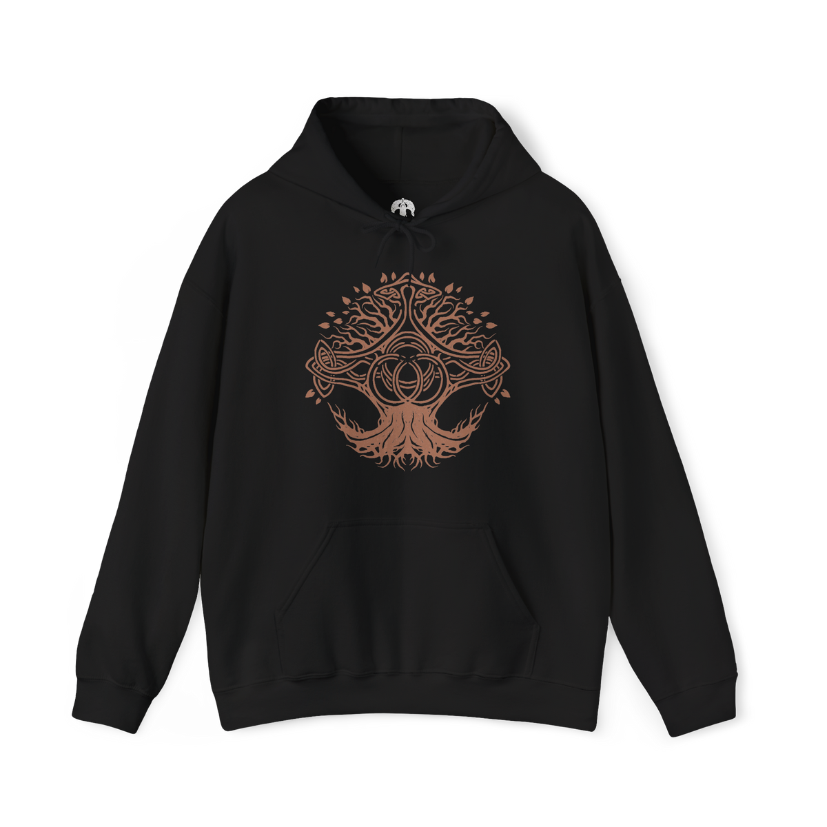 Image 4 of a Hooded Sweatshirt of Crucible Knight Ordovis standing beneath the roots of the ancient Erdtree, his ornate Golden Crucible Tree armor illuminated by radiant golden light. Ordovis grips his massive greatsword as swirling Crucible energy gathers around his armored body and ancient stone surrounds the battlefield. The composition emphasizes his imposing presence, sacred heritage, and connection to the primordial Crucible.