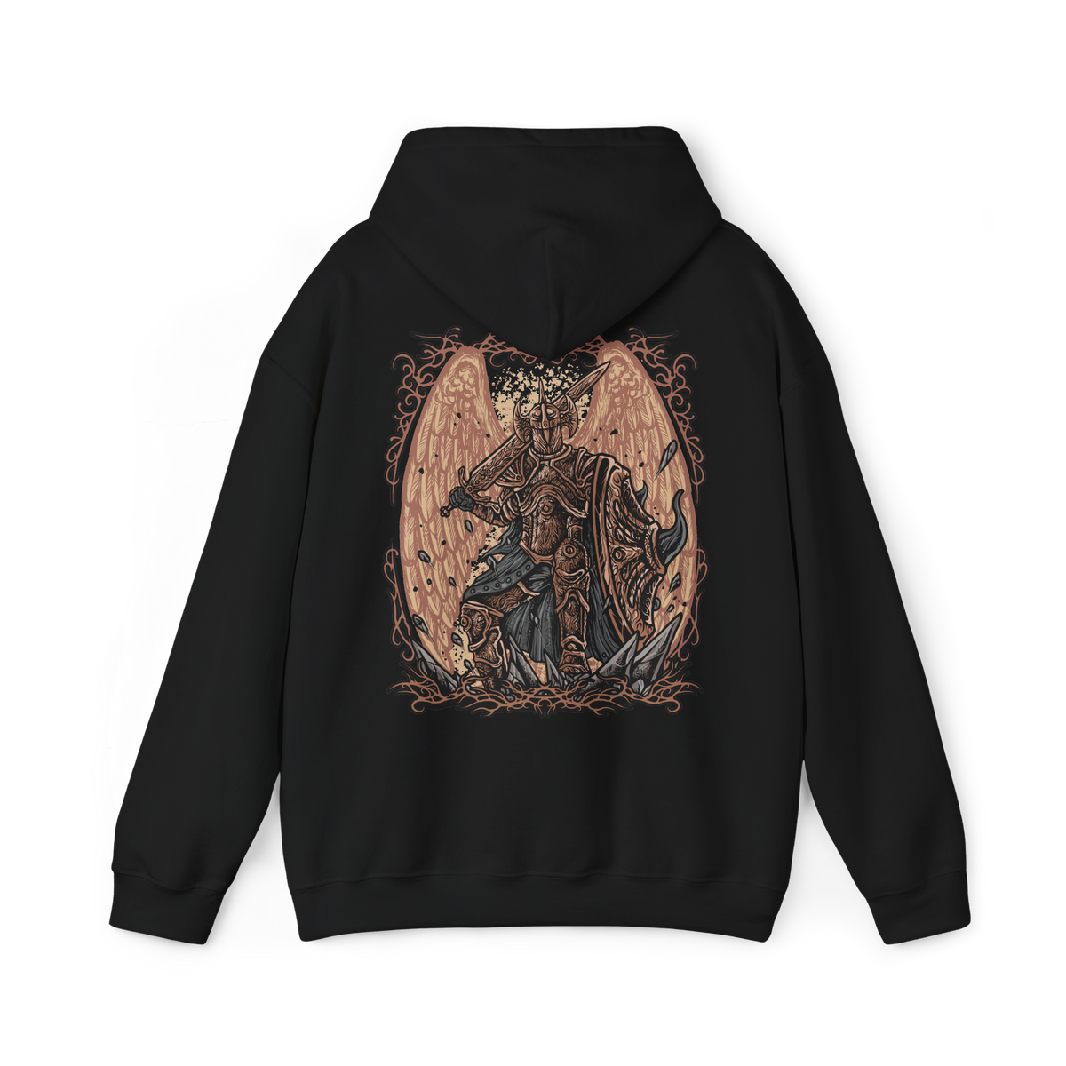 Image 5 of a Hooded Sweatshirt of Crucible Knight Ordovis standing beneath the roots of the ancient Erdtree, his ornate Golden Crucible Tree armor illuminated by radiant golden light. Ordovis grips his massive greatsword as swirling Crucible energy gathers around his armored body and ancient stone surrounds the battlefield. The composition emphasizes his imposing presence, sacred heritage, and connection to the primordial Crucible.