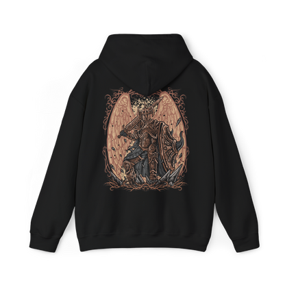 Image 5 of a Hooded Sweatshirt of Crucible Knight Ordovis standing beneath the roots of the ancient Erdtree, his ornate Golden Crucible Tree armor illuminated by radiant golden light. Ordovis grips his massive greatsword as swirling Crucible energy gathers around his armored body and ancient stone surrounds the battlefield. The composition emphasizes his imposing presence, sacred heritage, and connection to the primordial Crucible.