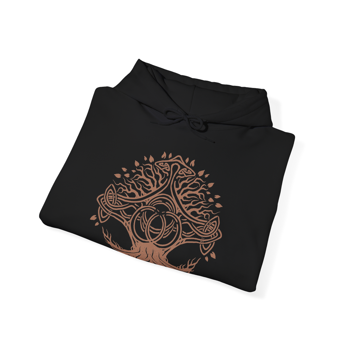 Image 6 of a Hooded Sweatshirt of Crucible Knight Ordovis standing beneath the roots of the ancient Erdtree, his ornate Golden Crucible Tree armor illuminated by radiant golden light. Ordovis grips his massive greatsword as swirling Crucible energy gathers around his armored body and ancient stone surrounds the battlefield. The composition emphasizes his imposing presence, sacred heritage, and connection to the primordial Crucible.