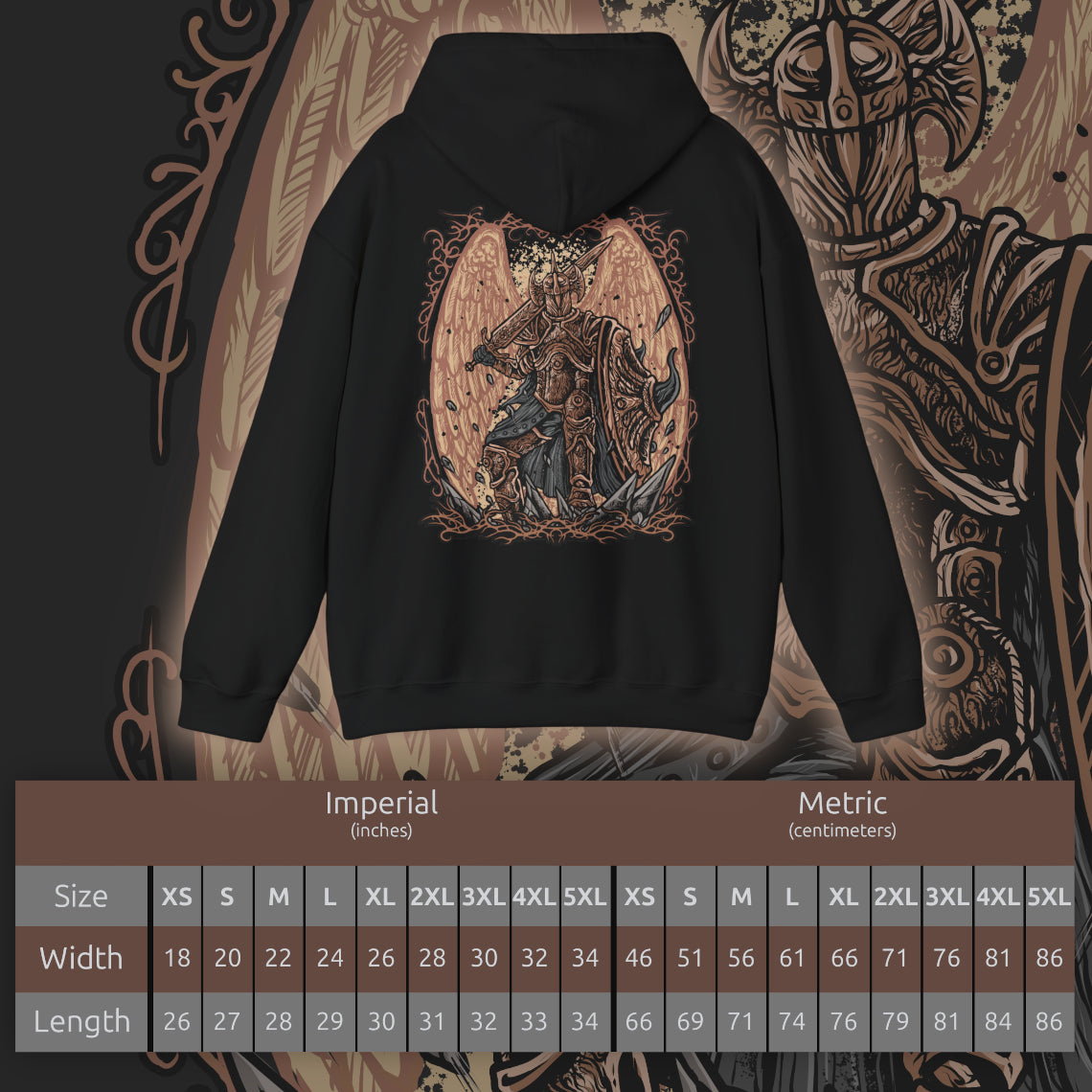 Size chart of a Hooded Sweatshirt of Crucible Knight Ordovis standing beneath the roots of the ancient Erdtree, his ornate Golden Crucible Tree armor illuminated by radiant golden light. Ordovis grips his massive greatsword as swirling Crucible energy gathers around his armored body and ancient stone surrounds the battlefield. The composition emphasizes his imposing presence, sacred heritage, and connection to the primordial Crucible.