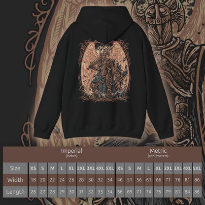 Size chart of a Hooded Sweatshirt of Crucible Knight Ordovis standing beneath the roots of the ancient Erdtree, his ornate Golden Crucible Tree armor illuminated by radiant golden light. Ordovis grips his massive greatsword as swirling Crucible energy gathers around his armored body and ancient stone surrounds the battlefield. The composition emphasizes his imposing presence, sacred heritage, and connection to the primordial Crucible.