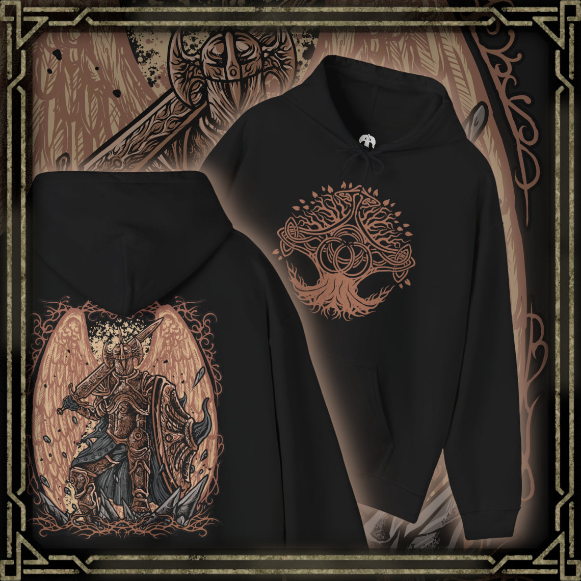 Thumbnail of a Hooded Sweatshirt of Crucible Knight Ordovis standing beneath the roots of the ancient Erdtree, his ornate Golden Crucible Tree armor illuminated by radiant golden light. Ordovis grips his massive greatsword as swirling Crucible energy gathers around his armored body and ancient stone surrounds the battlefield. The composition emphasizes his imposing presence, sacred heritage, and connection to the primordial Crucible.