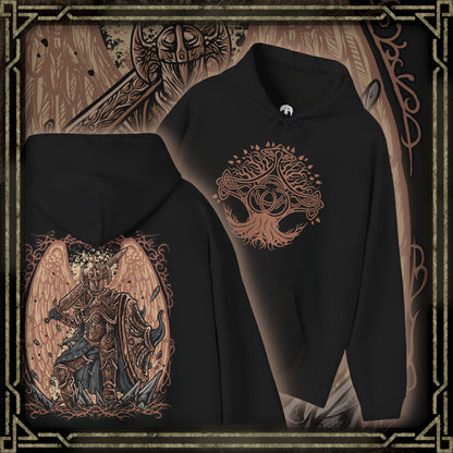 Thumbnail of a Hooded Sweatshirt of Crucible Knight Ordovis standing beneath the roots of the ancient Erdtree, his ornate Golden Crucible Tree armor illuminated by radiant golden light. Ordovis grips his massive greatsword as swirling Crucible energy gathers around his armored body and ancient stone surrounds the battlefield. The composition emphasizes his imposing presence, sacred heritage, and connection to the primordial Crucible.