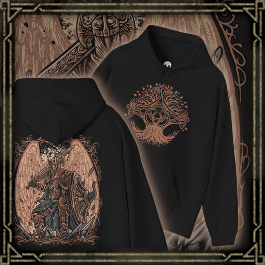 Thumbnail of a Hooded Sweatshirt of Crucible Knight Ordovis standing beneath the roots of the ancient Erdtree, his ornate Golden Crucible Tree armor illuminated by radiant golden light. Ordovis grips his massive greatsword as swirling Crucible energy gathers around his armored body and ancient stone surrounds the battlefield. The composition emphasizes his imposing presence, sacred heritage, and connection to the primordial Crucible.