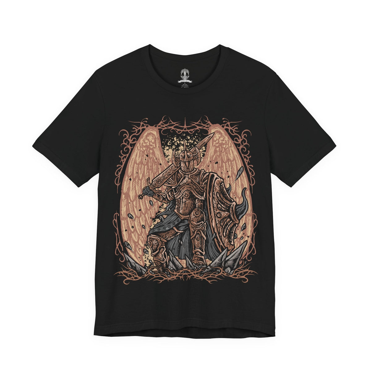 Image 4 of a T-Shirt design of Crucible Knight Ordovis from Elden Ring, standing proudly in his ornate Golden Crucible Tree armor while wielding the massive Ordovis's Greatsword. Golden light and ancient Erdtree motifs surround the armored knight as he prepares to unleash a devastating holy attack. The design captures his ancient heritage, discipline, and connection to the primordial Crucible.