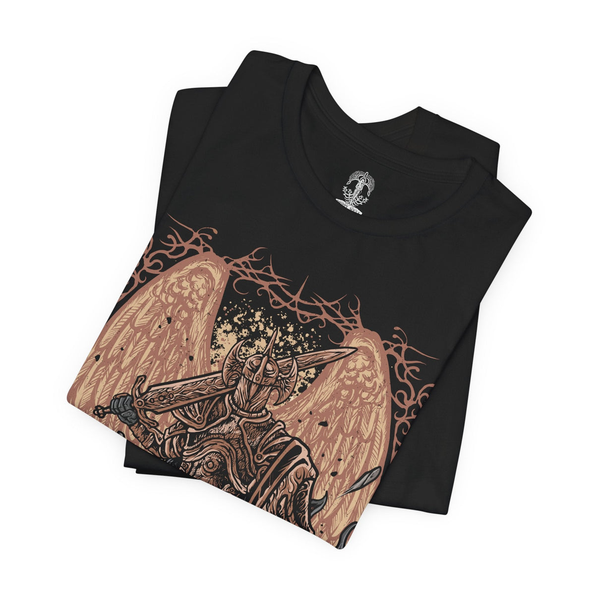 Image 5 of a T-Shirt design of Crucible Knight Ordovis from Elden Ring, standing proudly in his ornate Golden Crucible Tree armor while wielding the massive Ordovis's Greatsword. Golden light and ancient Erdtree motifs surround the armored knight as he prepares to unleash a devastating holy attack. The design captures his ancient heritage, discipline, and connection to the primordial Crucible.