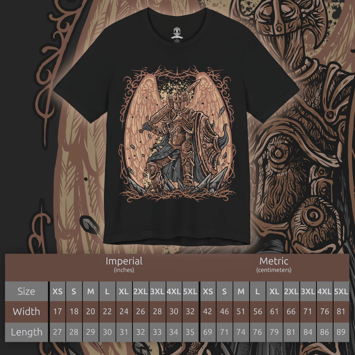 Size chart of a T-Shirt design of Crucible Knight Ordovis from Elden Ring, standing proudly in his ornate Golden Crucible Tree armor while wielding the massive Ordovis's Greatsword. Golden light and ancient Erdtree motifs surround the armored knight as he prepares to unleash a devastating holy attack. The design captures his ancient heritage, discipline, and connection to the primordial Crucible.