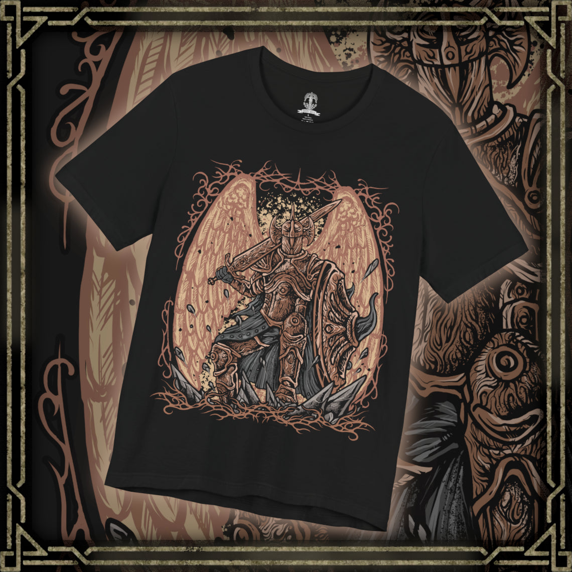 Thumbnail of a T-Shirt design of Crucible Knight Ordovis from Elden Ring, standing proudly in his ornate Golden Crucible Tree armor while wielding the massive Ordovis's Greatsword. Golden light and ancient Erdtree motifs surround the armored knight as he prepares to unleash a devastating holy attack. The design captures his ancient heritage, discipline, and connection to the primordial Crucible.