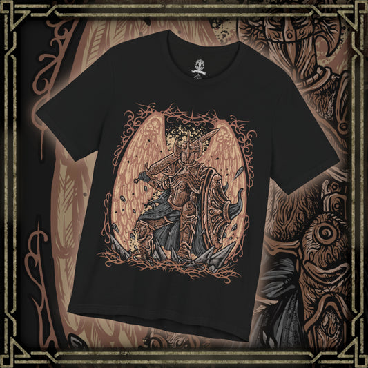 Thumbnail of a T-Shirt design of Crucible Knight Ordovis from Elden Ring, standing proudly in his ornate Golden Crucible Tree armor while wielding the massive Ordovis's Greatsword. Golden light and ancient Erdtree motifs surround the armored knight as he prepares to unleash a devastating holy attack. The design captures his ancient heritage, discipline, and connection to the primordial Crucible.