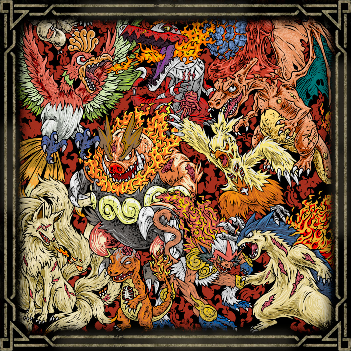 Artwork of Cursed Fire Type. Fire-aligned creatures are among the most feared and awe-inspiring beings in the world, dwelling within volcanic peaks and scorched wastelands where eternal flames never fade. Iconic figures such as the winged flame dragon, the volcanic beast of pure eruption, and the shadowy hellhound are reimagined as cursed lords of the inferno, wielding the power of raging wildfires, molten lava, and ancient volcanic forces.