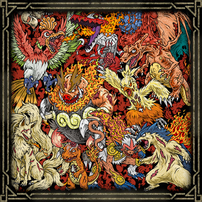 Artwork of Cursed Fire Type. Fire-aligned creatures are among the most feared and awe-inspiring beings in the world, dwelling within volcanic peaks and scorched wastelands where eternal flames never fade. Iconic figures such as the winged flame dragon, the volcanic beast of pure eruption, and the shadowy hellhound are reimagined as cursed lords of the inferno, wielding the power of raging wildfires, molten lava, and ancient volcanic forces.