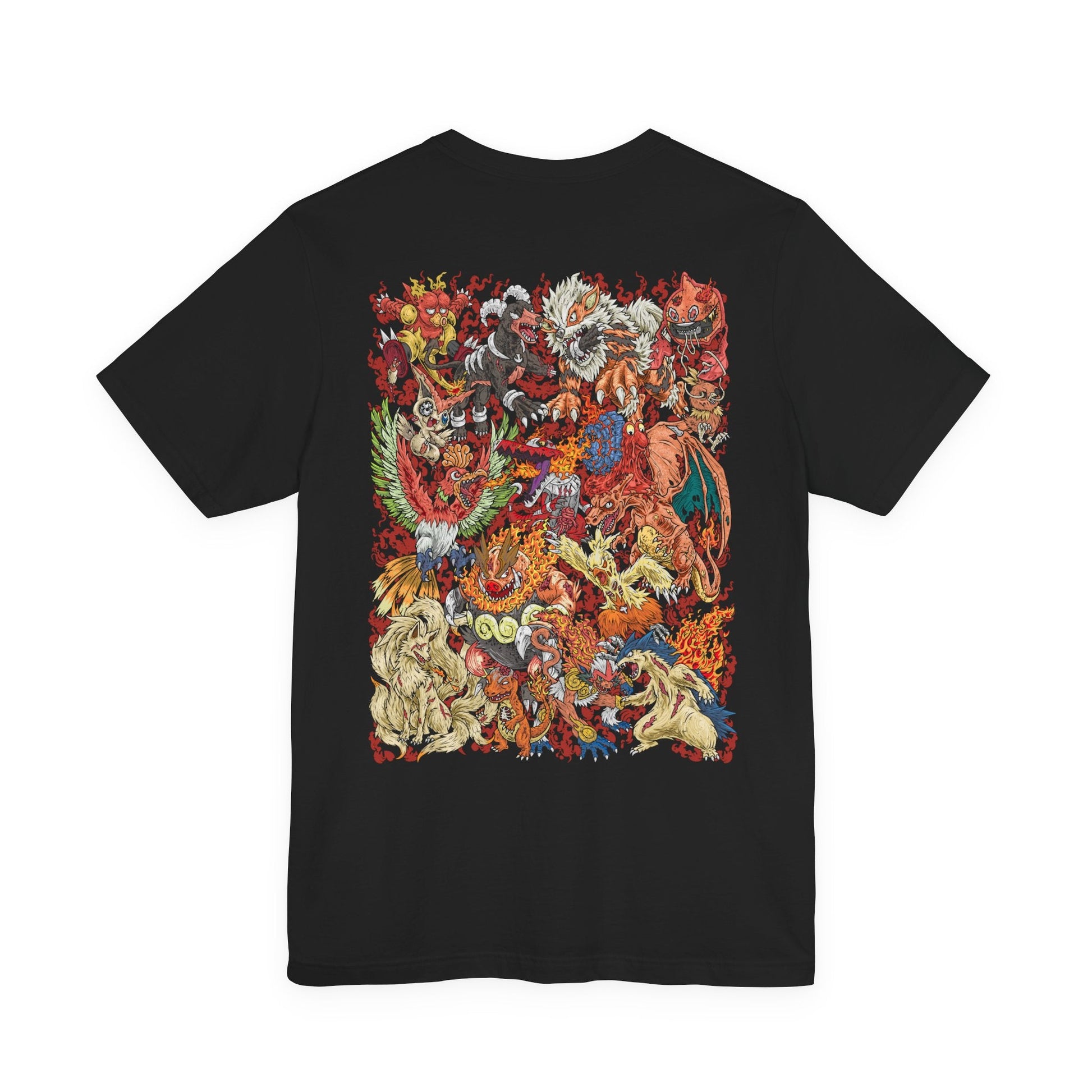 Image 5 of a T-Shirt artwork depicting iconic Fire-type Pokémon emerging from an ancient volcanic landscape where towering volcanoes, jagged obsidian cliffs, and rivers of molten lava converge. Blazing flames and glowing embers swirl around them as fiery light illuminates the smoke-filled sky, creating a dramatic infernal scene. The design reflects the diversity of Fire-type Pokémon, from agile flame runners to powerful volcanic guardians.