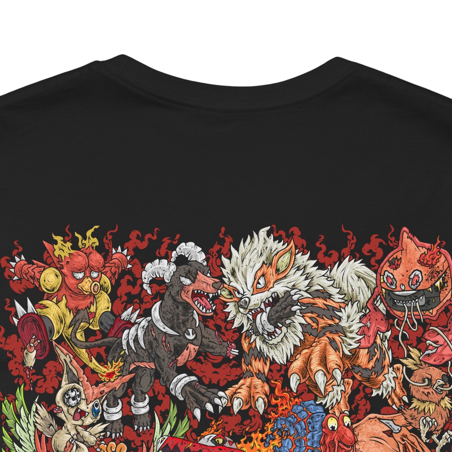 Image 7 of a T-Shirt artwork depicting iconic Fire-type Pokémon emerging from an ancient volcanic landscape where towering volcanoes, jagged obsidian cliffs, and rivers of molten lava converge. Blazing flames and glowing embers swirl around them as fiery light illuminates the smoke-filled sky, creating a dramatic infernal scene. The design reflects the diversity of Fire-type Pokémon, from agile flame runners to powerful volcanic guardians.