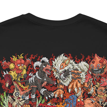 Image 7 of a T-Shirt artwork depicting iconic Fire-type Pokémon emerging from an ancient volcanic landscape where towering volcanoes, jagged obsidian cliffs, and rivers of molten lava converge. Blazing flames and glowing embers swirl around them as fiery light illuminates the smoke-filled sky, creating a dramatic infernal scene. The design reflects the diversity of Fire-type Pokémon, from agile flame runners to powerful volcanic guardians.